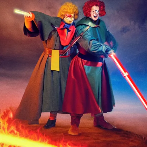 Image similar to ronald mcdonald and burger king dueling it out on mount doom with lightsabers