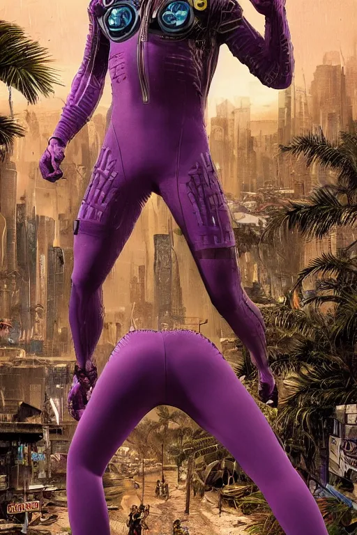 Image similar to A highly detailed rendered, close portrait of a mutant ringer, half human, in purple spandex suit, with scars on his face, high tech equipement attached to the body, in a tropical and dystopic city, in front of a garage, dried palmtrees, thick dust and red tones, bladerunner, cyberpunk, lost city, hyper-realistic environment, Epic concept art. Warhammer 40k