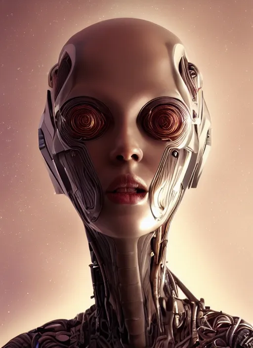 Image similar to beautiful portrait of an alien cyborg, style of Feng Zhu, Artstation geometric, aesthetic, big eyes, smooth skin, angelic, unique features, symmetrical, intricate crown, high fashion, streetwear, cyberpunk, detailed, octane render, cinematic, 8k, brown skin, retro sci fi film, Stanisław Szukalski + Moebius,