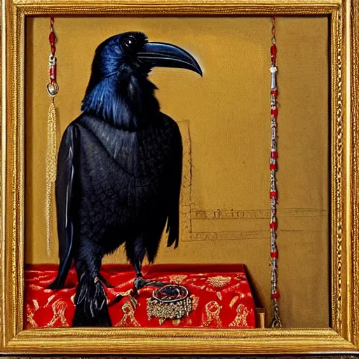 Prompt: a highly detailed painting of a raven dressed in an elegant embroidered vest, using a golden tudor necklace, in a room with thick red tapestries, by hans holbein