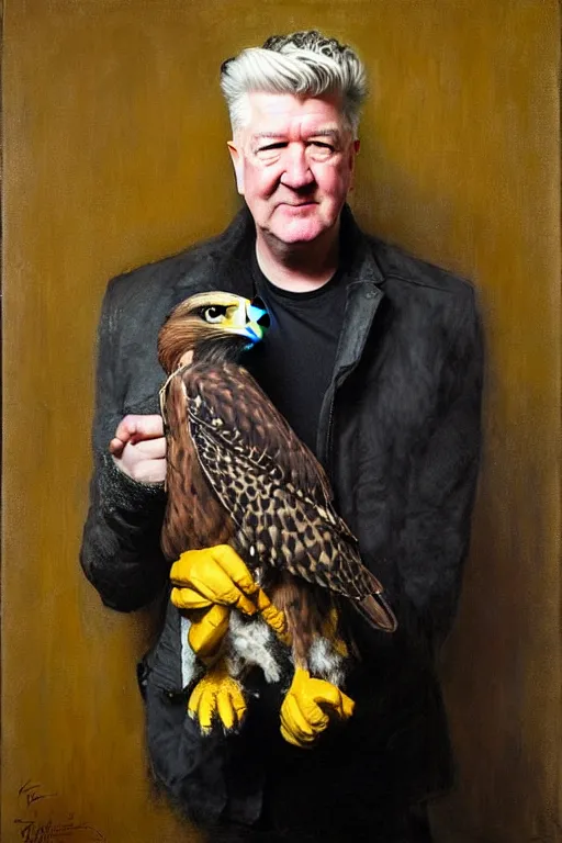 Prompt: david lynch with falconers glove, holding falcon painting by gaston bussiere, craig mullins