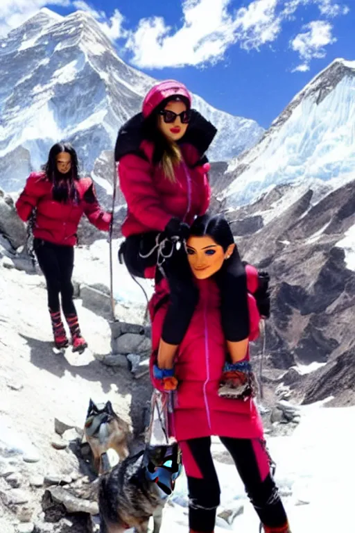 Image similar to kylie jenner mountain climbing on everest with wolves