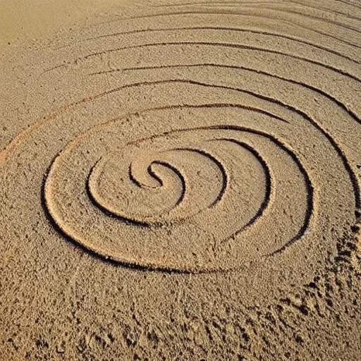 Prompt: A golden spiral created with sand on a beach, leading into the ocean, golden ratio, by sandro boticceli and Hayao Miyazaki