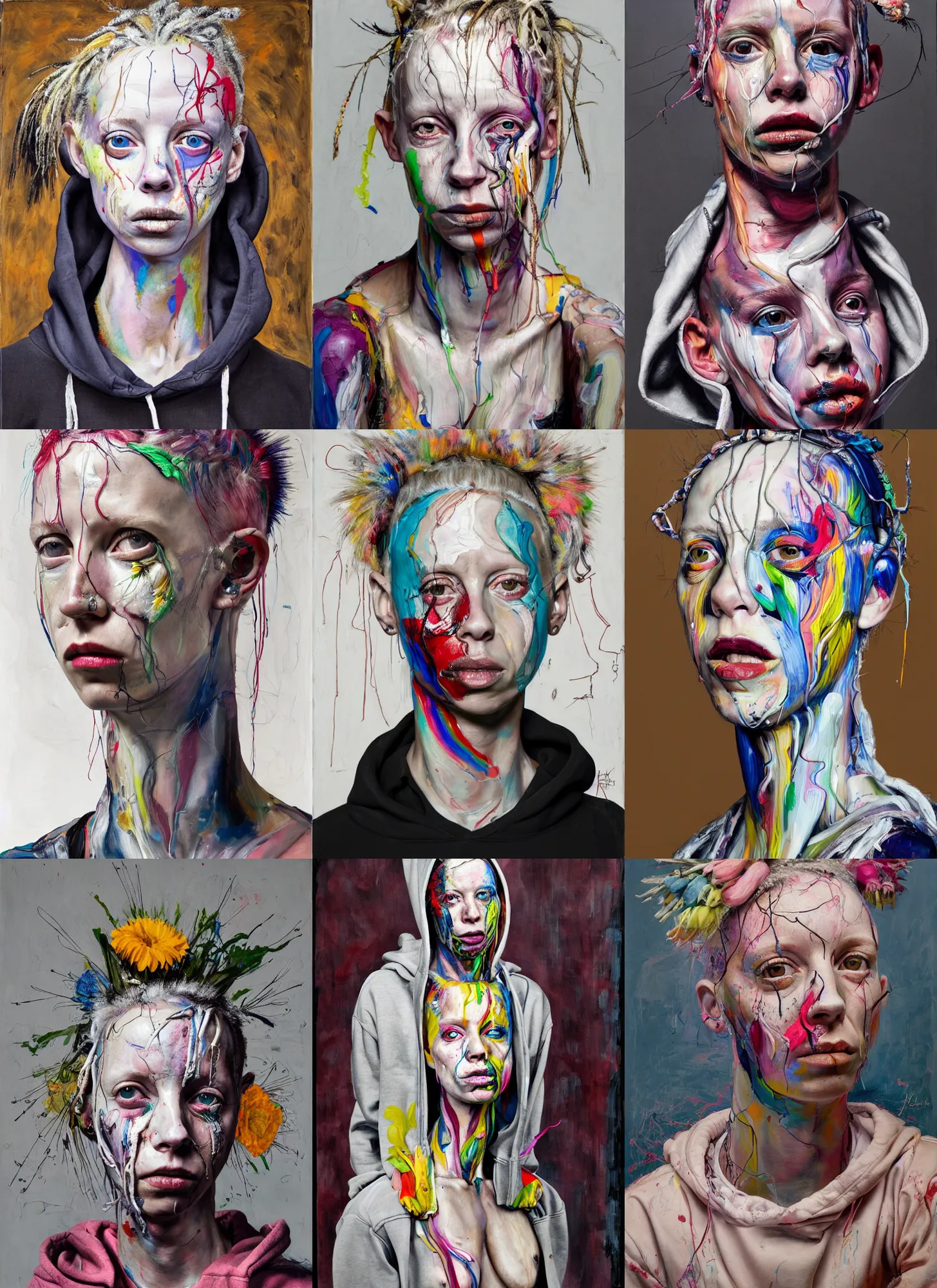 Prompt: painting by jenny saville of yolandi visser wearing a hoodie standing in a township street in the style of jenny saville, street clothing, haute couture fashion, full figure painting by jenny saville, roger ballen, decorative flowers, 2 4 mm, die antwoord