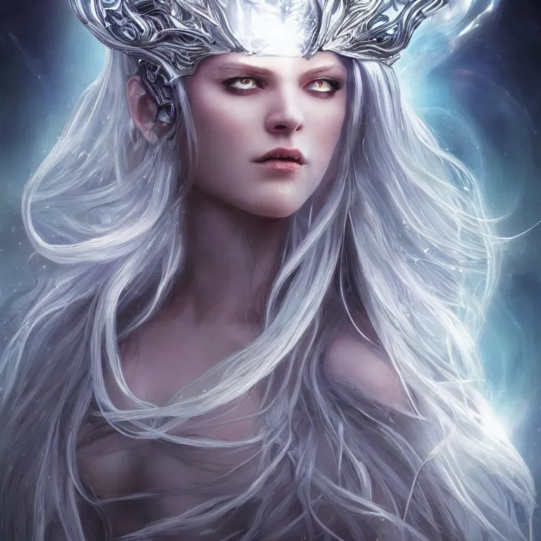 Image similar to beautiful cinematic fantasy poster, sci-fi, semi-transparent, beautiful female ghost with brilliant silver flowing hair and a brilliant jeweled silver helm, beautiful white glowing eyes, wideshot ultrawide angle epic scale, hybrid from The Elden Ring and art direction by Darius Zawadzki ;by artgerm; wayne reynolds art station; cinematic quality character render; low angle; ultra high quality model; production quality cinema model;