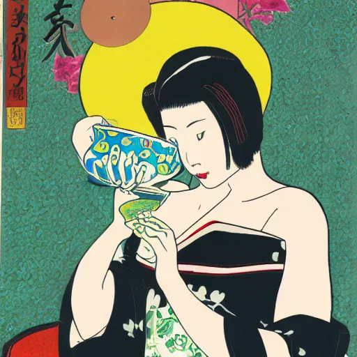 Image similar to Beautiful Japanese woman drinking tea with a snake by Toshio Saeki ultra high detailed