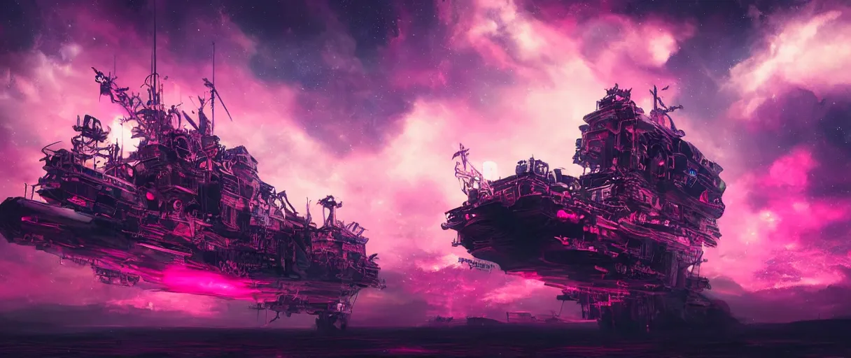 Image similar to space, hyperdetailed illustration, portrait big dark punk, mohawk, stars, pink, neon, oil painting, rich deep colors masterpiece, pirate neon ship, ultra detailed, contrast, heaven pink, clouds, volumetric light, atmospheric lighting, dramatic, cinematic, moody, octane render 4 k, 8 k