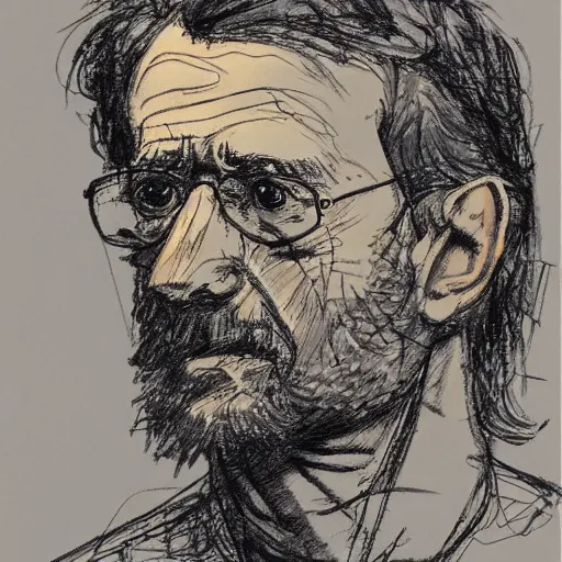 Image similar to a realistic yet scraggly portrait sketch of the side profile of a stern and sophisticated robert fripp, trending on artstation, intricate details, in the style of frank auerbach, in the style of sergio aragones, in the style of martin ansin, in the style of david aja, in the style of mattias adolfsson