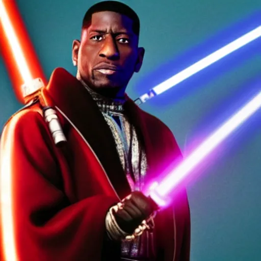 Prompt: gucci mane holding a lightsaber as mace windu in star wars episode 3, 8k resolution, full HD, cinematic lighting, award winning, anatomically correct