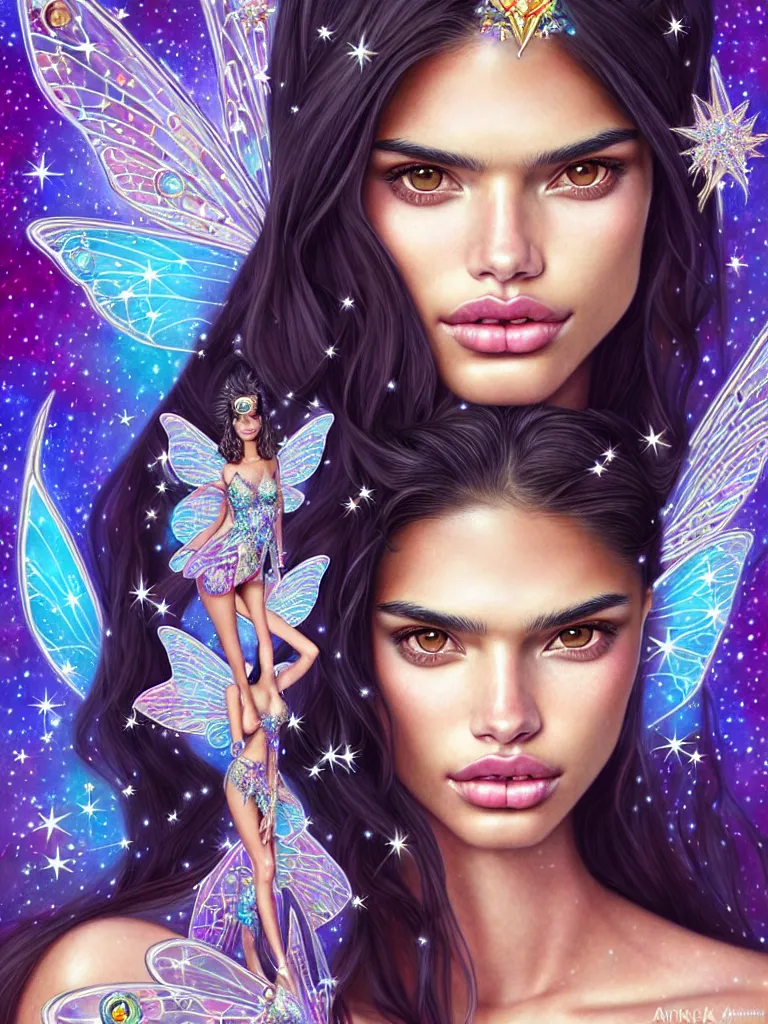 Prompt: fantastic portrait of sara sampaio with some shinny star, cloak, royally decorated crystal gemstones, symmetrical face, 3 d render, portrait, cute, fairy, by artgerm, kelly mckernan, detailed background, artstation, intricate, elegant, highly detailed, colorful, maximalist