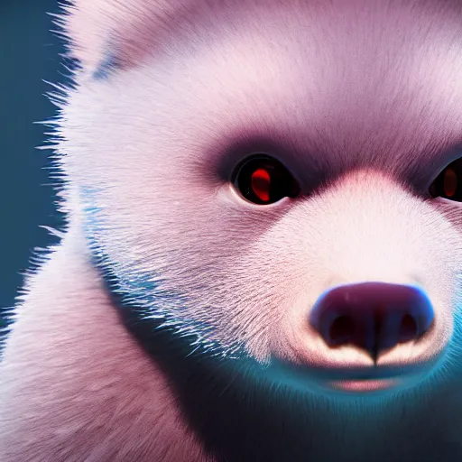 Image similar to white mink with nimbus of pink bacteria around the neck, unreal engine, starring at camera, matte background, high symmetry, 8k