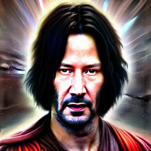 Image similar to keanu reevs as jedi, hyper detailed masterpiece, digital art painting, hyper realism aesthetic