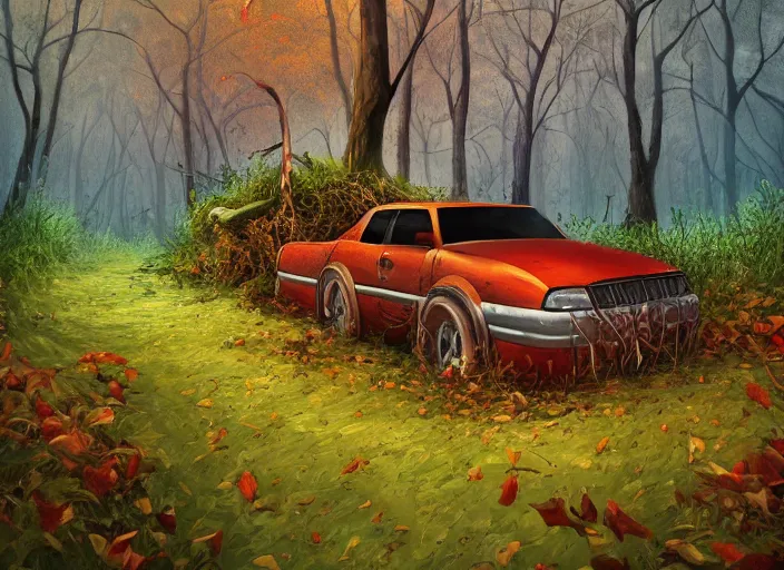 Prompt: A painting of an overgrown car in a forest, vines coming down from the tall trees, autumn, rocky ground, digital art, trending on Artstation, immaculate scale, amazing composition, cartoon illustration