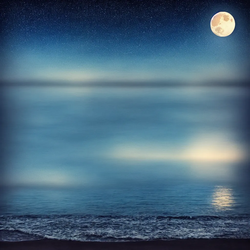 Prompt: calm night sea, big luminescent moon, stars in the sky, mystic, hyper - realistic, high contrast