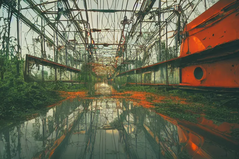 Image similar to Film still of a brightly lit bridge on a space ship, metal, floor grills, ventilation shafts, dusty, orange and red lighting, burning fire, water dripping, puddles, wet floor, rust, decay, green vines, overgrown, tropical, Cinestill colour cinematography, anamorphic