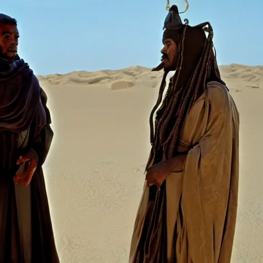 Image similar to a sand wraith talking with a handsome tuareg, movie still amazing