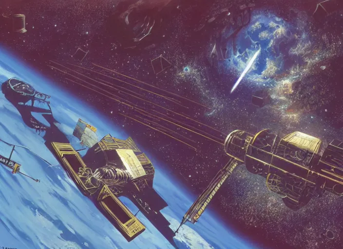 Prompt: abandoned space station drifting in empty space, matte painting, peter elson, chris foss