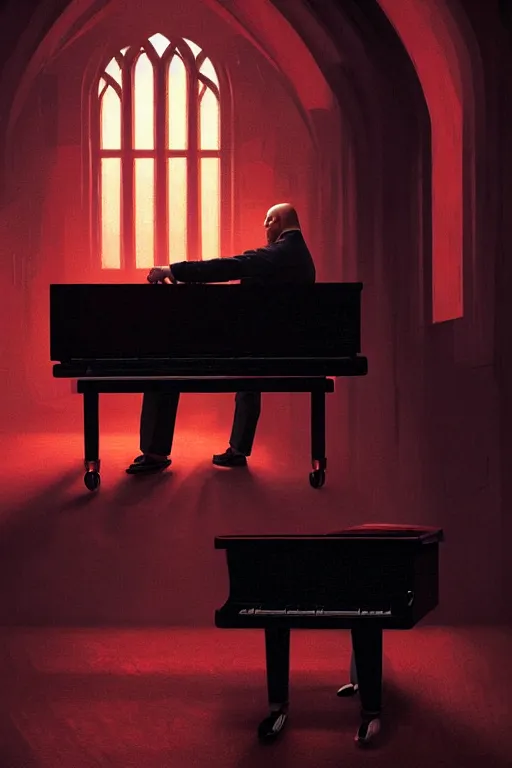 Image similar to an expressive portrait of agent 4 7 playing the piano in a monastery, dark background, red rim light, digital art, artstation, concept art by giger stalenhag