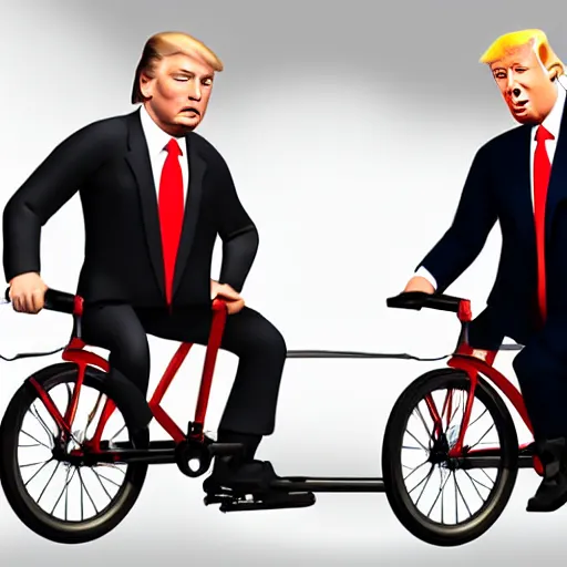 Prompt: realistic render of vladimir putin and donald trump riding a tandem bike