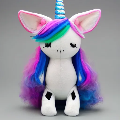 Prompt: a happy unicorn, plush doll, 8 k