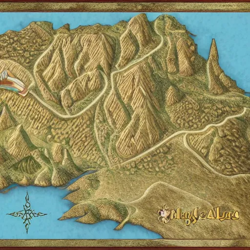 Prompt: detailed map of the kingdom of almara with it's crest in the top left corner, mountains, villages, roads, 8 k render, medieval - fantasy