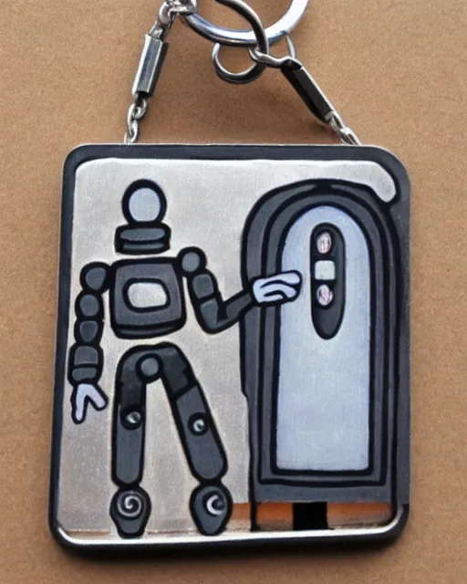 Image similar to keychain of artist screaming at robot, ebay listing, product picture, new, thumbnail