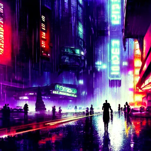 Image similar to photo of a rundown seedy futuristic city scene at night with bright neon lights, raining, bladerunner, sci fi splash art by craig mullins, greg rutkowski