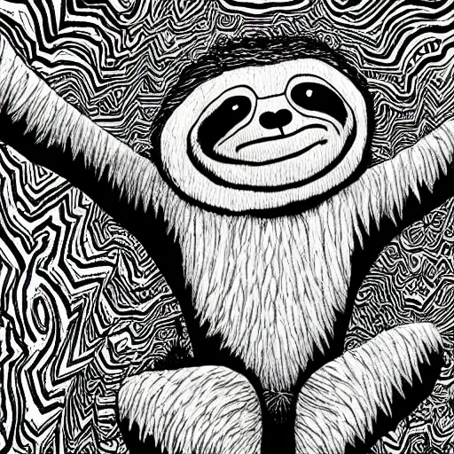 Prompt: black and white trippy comic art of a sloth, lots of particles, drawn by Martin Rowson, Tim Burton, Studio Ghibli, Alex Pardee, Nekro Petros Afshar, James McDermott, cgsociety, sharp edges, high constrast, 4K