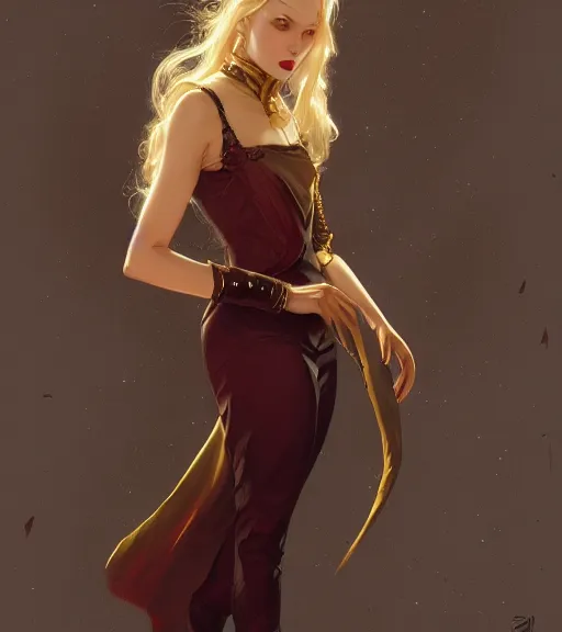 Image similar to a vampire girl wearing a golden dress, grey hair, red necktie, cinematic, stunning, highly detailed, digital painting, artstation, smooth, hard focus, full body shot, illustration, art by artgerm and greg rutkowski and alphonse mucha