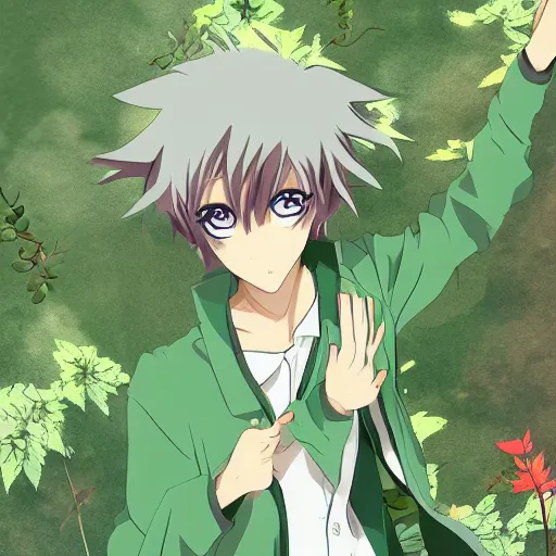 Prompt: A anime character with green clothes with leaves and plant exploring the world , Digital art, anime style, cinematic, Amazing pose,