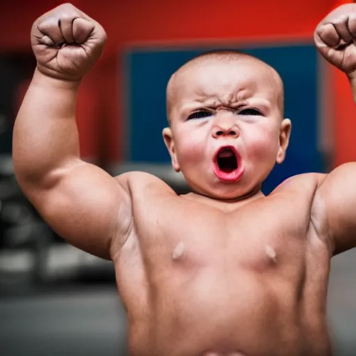 Image similar to huge muscles bodybuilder toddler, angry, ready to fight, clenched fists, red face, 2 years old, steroids, barrel chested, rippling muscles, huge veins, bulging muscles, ripped, award winning photography, high detail