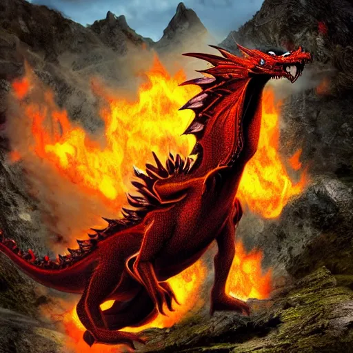 Image similar to photo of read fire breathing dragon under a mountain