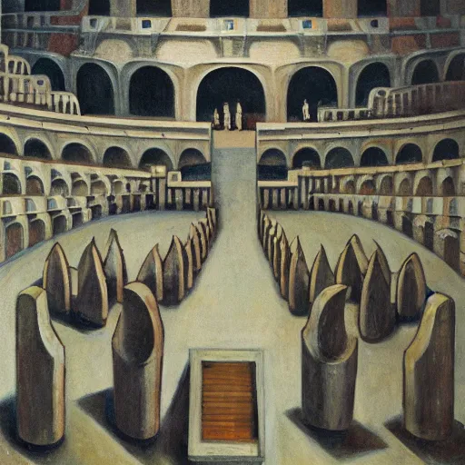 Image similar to a brutalist courtyard colosseum interior lined with cloaked judges and a weeping robot in the center, by PJ Crook and Edward Hopper
