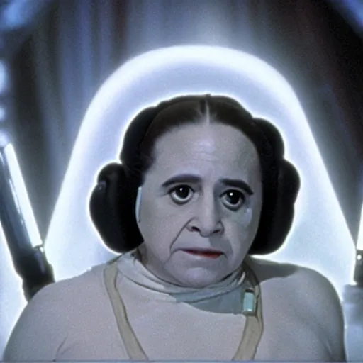 Image similar to a film still of danny devito as princess leia, star wars