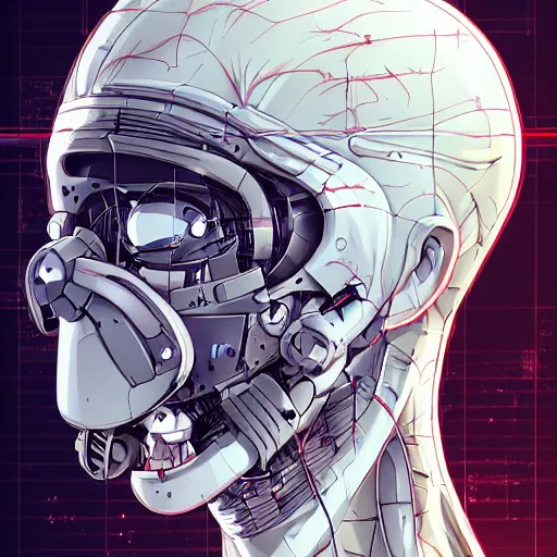 Prompt: Male cyborg, battle-damaged, scarred, wearing facemask, youthful face, bored expression, blue eyes, sterile background, head in profile, sci-fi, wires, cables, gadgets, Digital art, detailed, anime, artist Katsuhiro Otomo