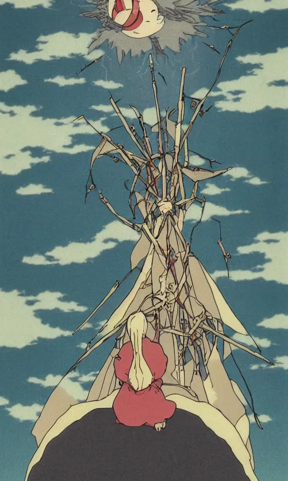 Prompt: Extremely beautiful tarot card, by Hayao Miyazaki, Studio Ghibli, anime, manga. Heart pierced by three swords. Dark clouds gathering in the background. Heartbreak, emotional pain, sorrow, grief, hurt, Negative self-talk, releasing pain, optimism, forgiveness