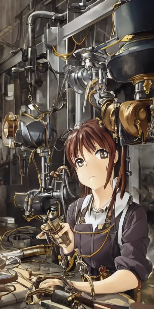 Image similar to Anime key visual of a steampunk girl welding metal in her workshop