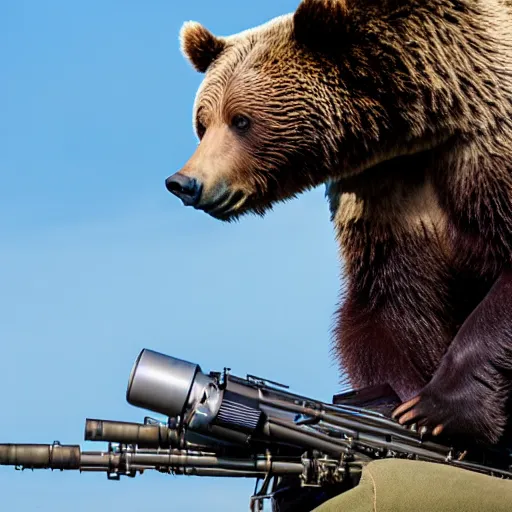 Image similar to grizzly bear with a mounted minigun, professional photography