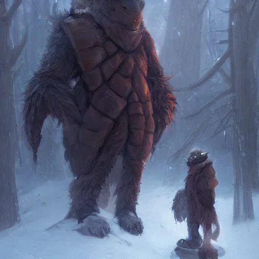 Image similar to anthropomorphic turtle humanoid, carapace, greg rutkowski, blizzard, winter, night, furs, fantasy