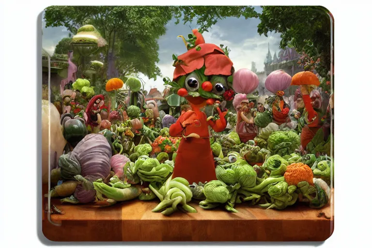 Image similar to miniature vegetable creatures parade on a cutting board. big chef in a kitchen in the background. digital art, realistic, pixar style, highly detailed, cinematic, matte painting, vivid colors, realistic, epic, low angle, lighting, by greg rutkowski and artgerm and alphonse mucha