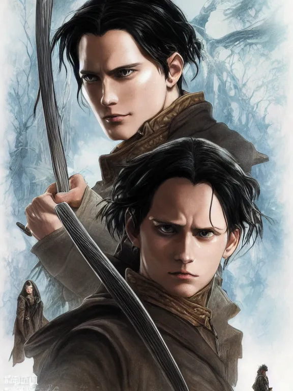 Image similar to levi ackerman, the lord of the rings, hyper detailed,, 8 k realistic, trending in artstation, digital painting, studio quality, cryengine, frostbite 3 engine, character design, smooth, sharp focus, art by artgerm and greg rutkowski and alphonse mucha and ian sprigger and wlop and krenz cushart