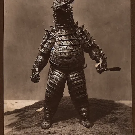 Image similar to “Godzilla in full samurai armour, 1900’s photo”