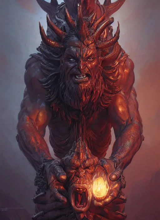 Image similar to a detailed sculpture of god crushing satan with his hand, demonic, demon, symmetry, viking, by greg rutkowski and justin gerard, digital art, monstrous, art nouveau, baroque style, realistic painting, very detailed, fantasy, dnd, character design, top down lighting, trending on artstation