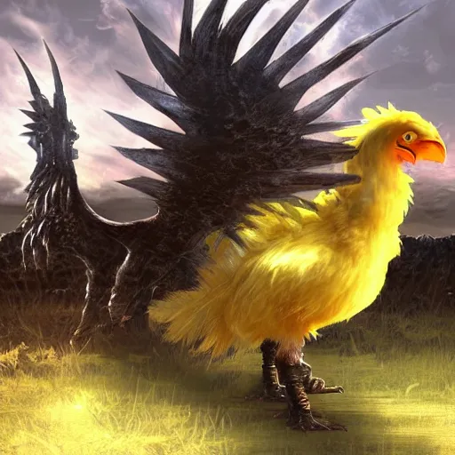 Image similar to chocobo final fantasy in the art style of breath of the wild and luis royo, grimdark dramatic lighting, digital art, intricate, highly detailed, matte painting, fine art