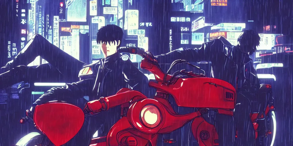 Image similar to twilight lighting, moody, atmospheric, solarpunk, kaneda and his motorcycle from akira, rainy, in the art style of neon genesis : evangelion, 8 0 s anime style, by ghibli studio and victor ngai, ghost in the shell art style, akira artstyle, pixar highly detailed, 8 k h 5 7 6