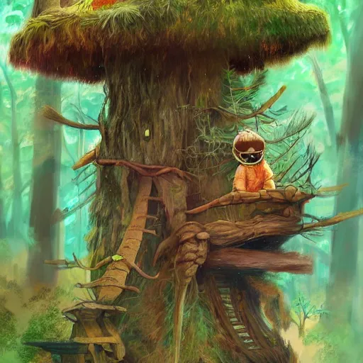 Image similar to a humble ewok building a treehouse from sticks and leaves in the forest, artstation, colorful