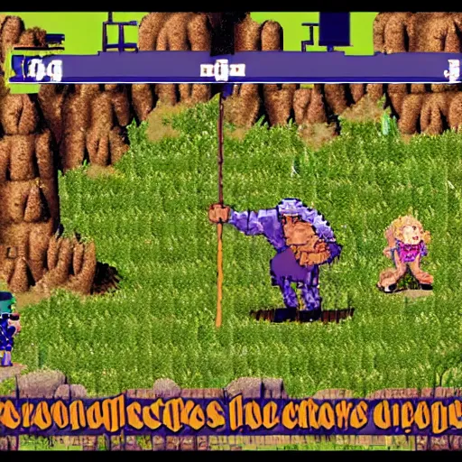 Prompt: playstation 1 rpg screenshot of ultimate caveman adventures jrpg