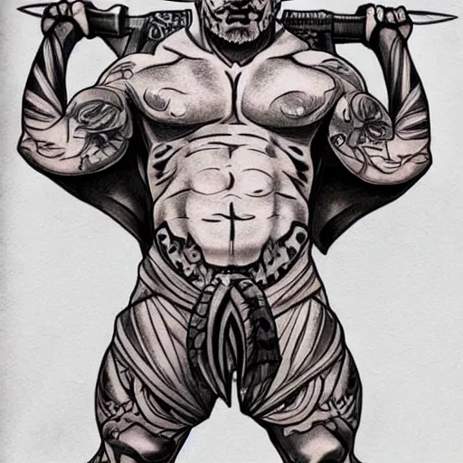 Image similar to muscular bald man, tattooed body, sword in hands, HD, anime style,