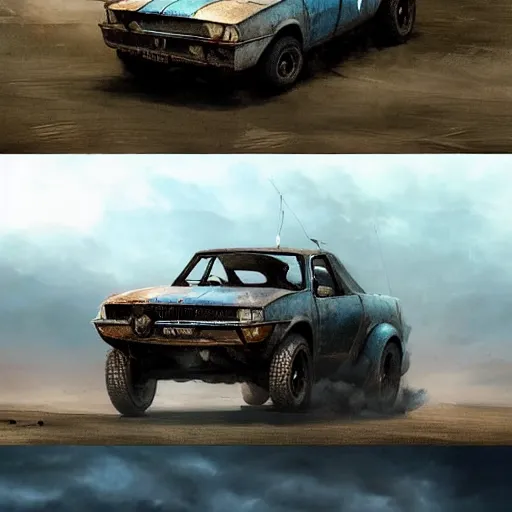 Image similar to a Dacia 1310 car in Mad Max, coriolios rpg art style, full of details, dark sci-fi, cold blue colors, matte painting, artstation, 8k, hyperrealistic, style of peter mohrbacher