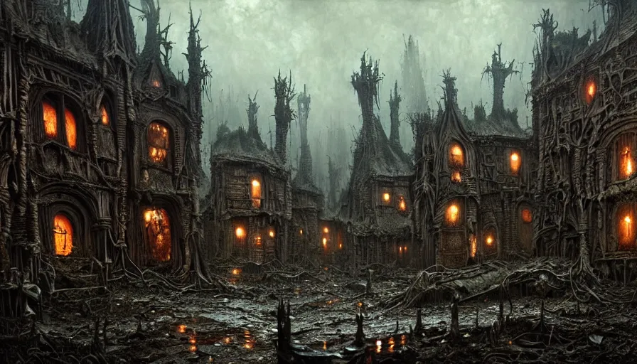 Image similar to goblin village, rotting, blood, night, death, fear, horror, religion, hyperrealism, detailed and intricate environment, by giger, by greg rutkowski